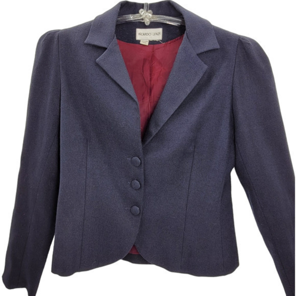 Vintage Ricardo Lenzi Navy Blue Three‎ Button Puffy Shoulder Boxy Jacket